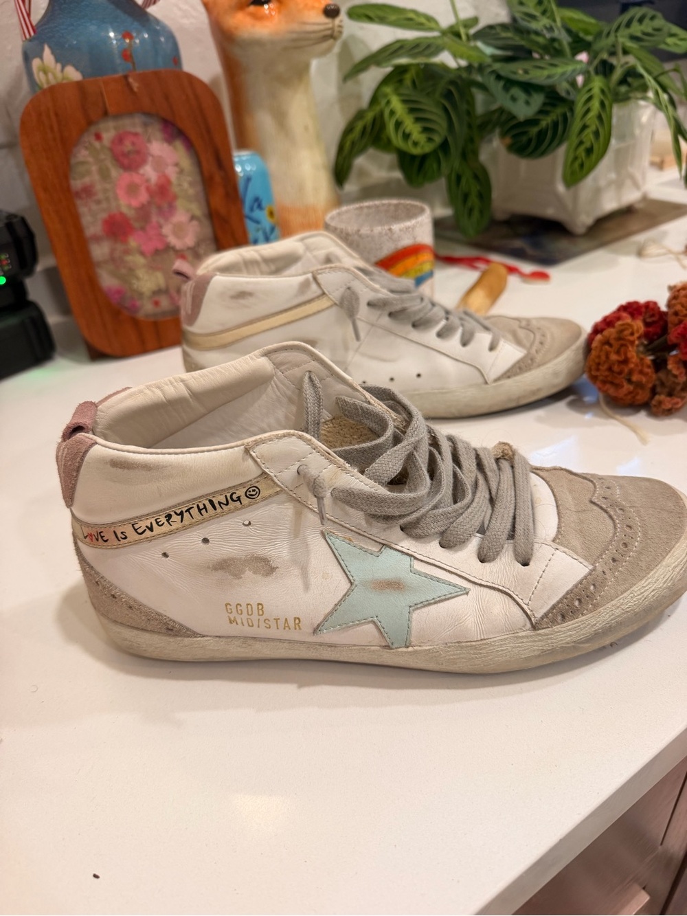Golden Goose White Leather High-Top Sneakers with Mint Star & Pink Heel
